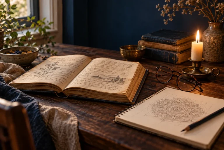 Livro aberto, caderno com mandala desenhada e vela acesa sobre a mesa