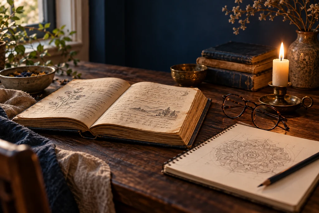 Livro aberto, caderno com mandala desenhada e vela acesa sobre a mesa