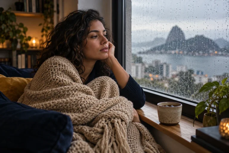 Mulher enrolada em uma manta olhando pela janela em um dia chuvoso