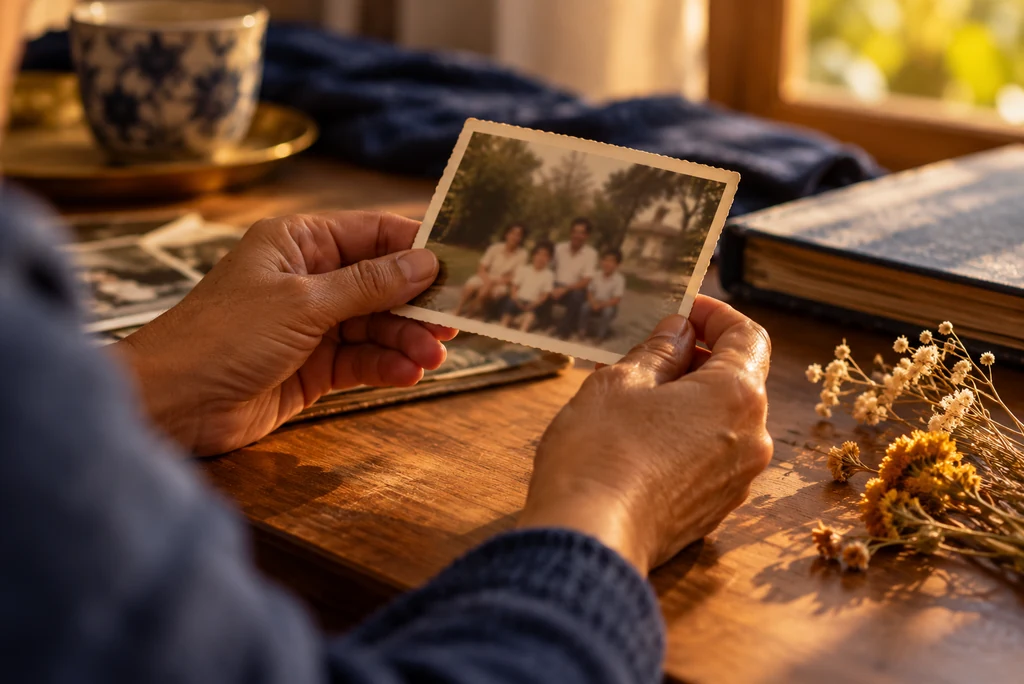 Mãos segurando uma fotografia antiga ao lado de flores secas