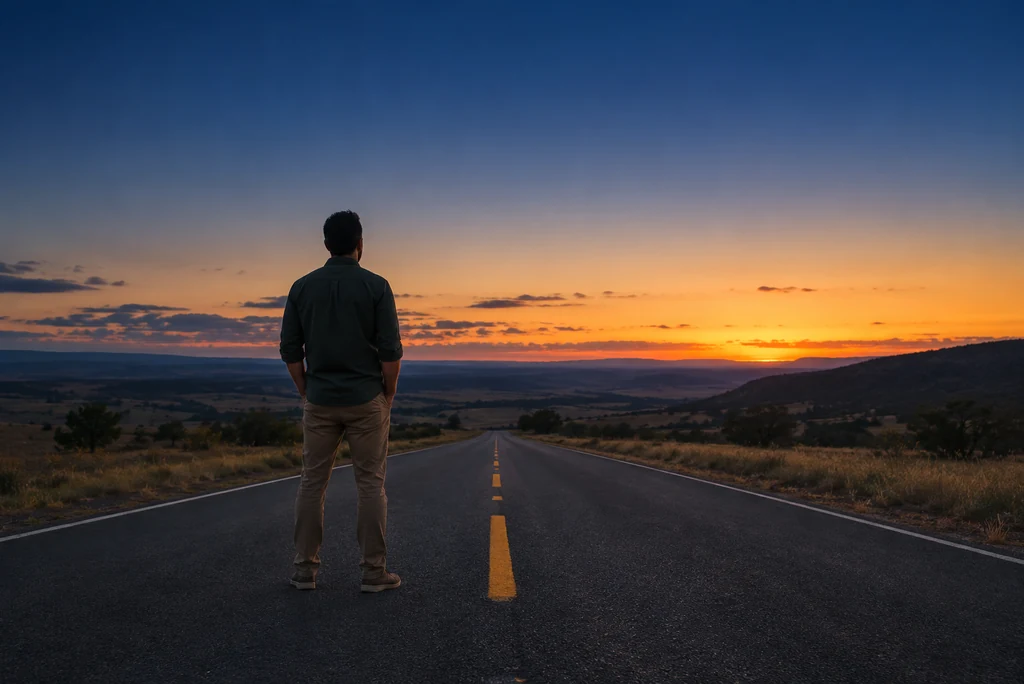 Homem de costas em uma estrada vazia olhando o horizonte ao entardecer